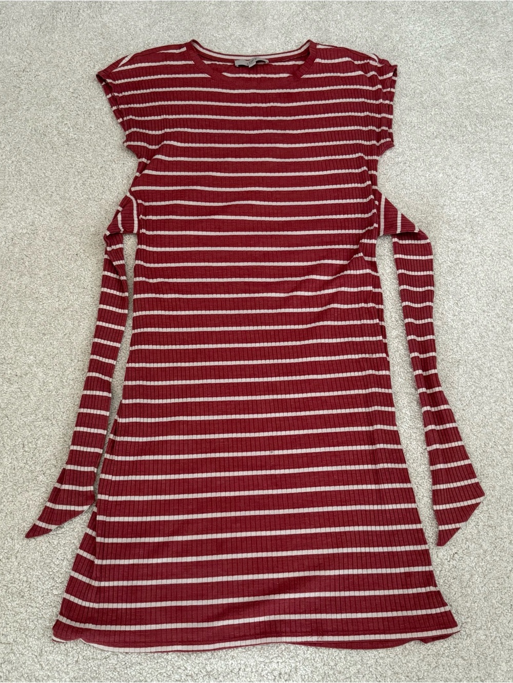 LOFT Burgundy and Cream Striped Ribbed Mini Dress